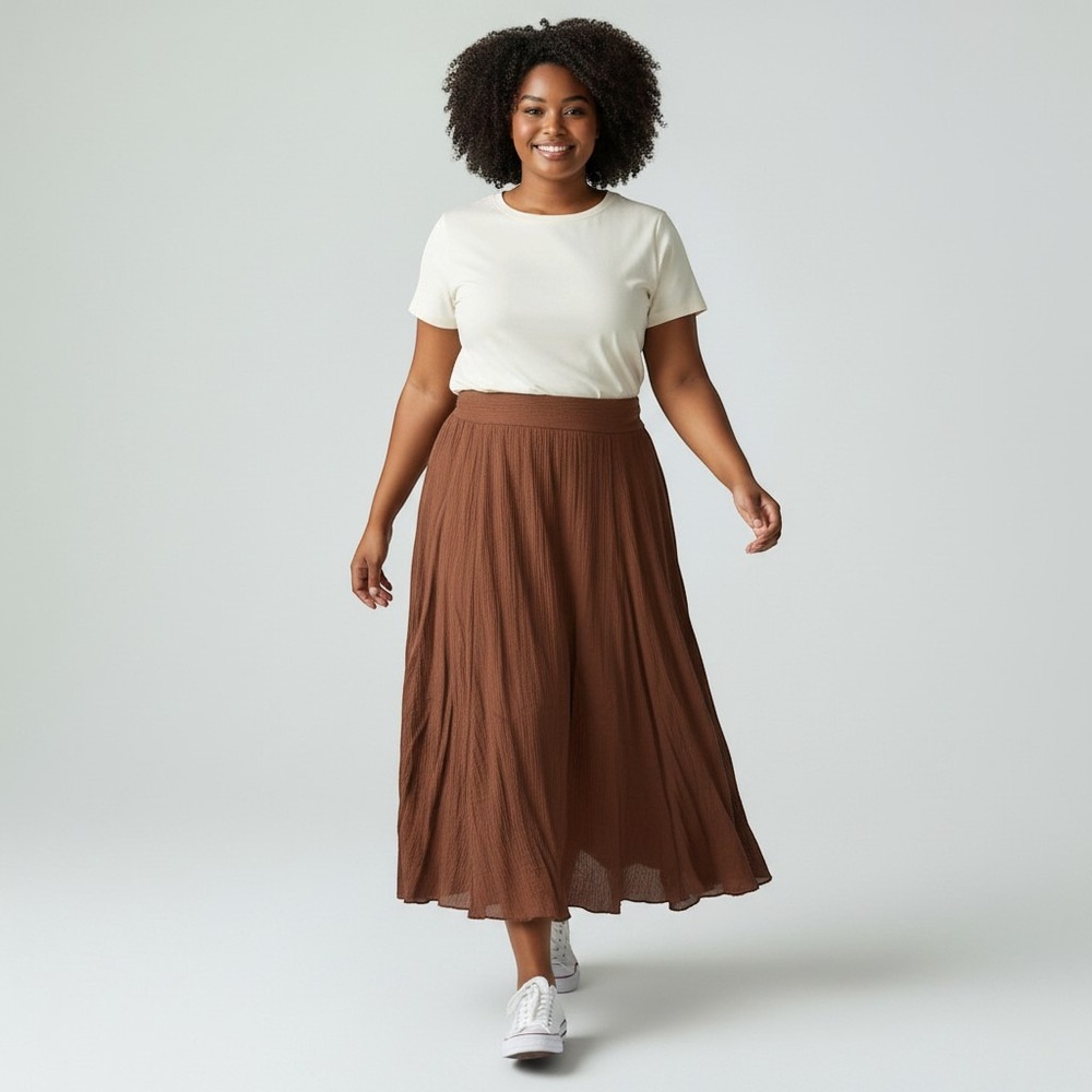 100% Cotton Chocolate Brown Midi Boho Flowy Lightweight Midi Skirt Women's XL